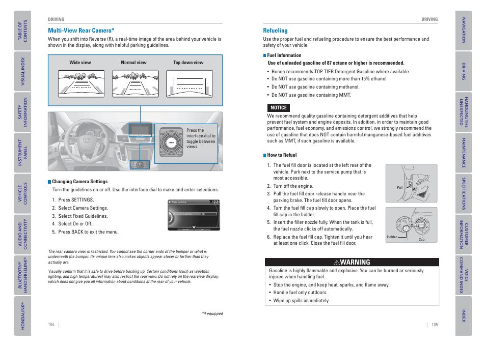 P. 105, Multi-view rear camera, Refueling | HONDA 2015 Odyssey - Owner's Guide (Revised 09/24/2014) User Manual | Page 56 / 80