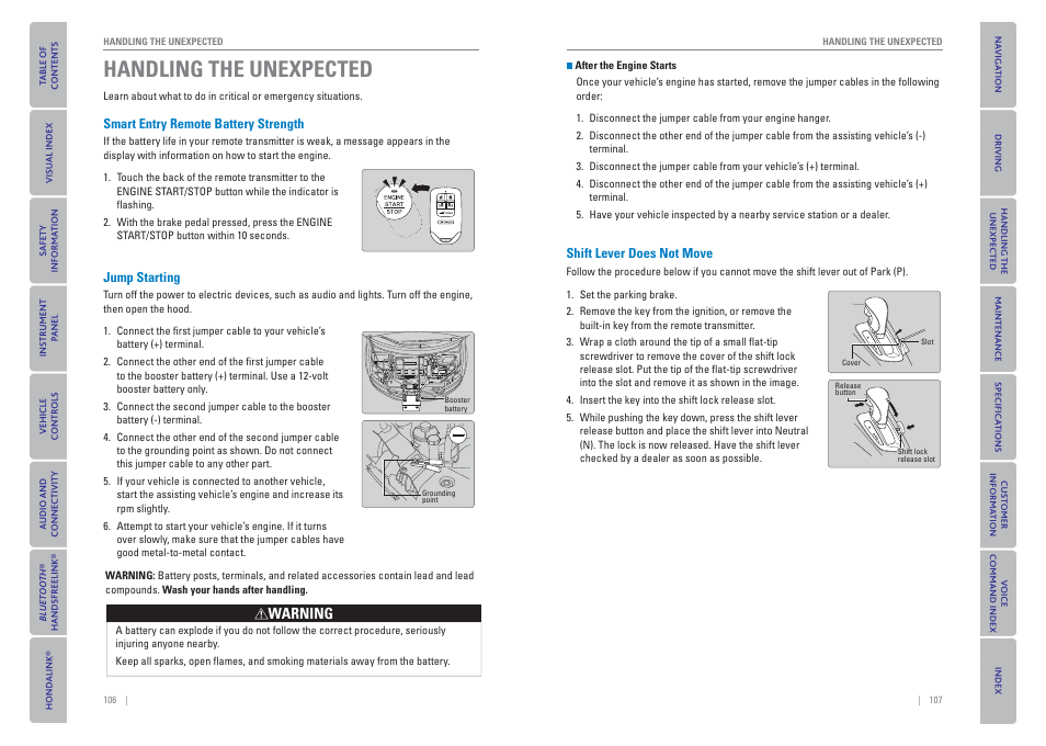 Handling the unexpected, Smart entry remote battery strength, Jump starting | Shift lever does not move | HONDA 2015 Odyssey - Owner's Guide (Revised 09/24/2014) User Manual | Page 57 / 80