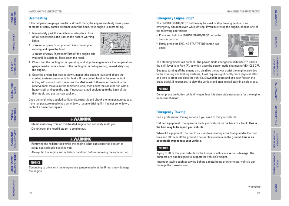 Overheating, Emergency engine stop, Emergency towing | HONDA 2015 Odyssey - Owner's Guide (Revised 09/24/2014) User Manual | Page 58 / 80