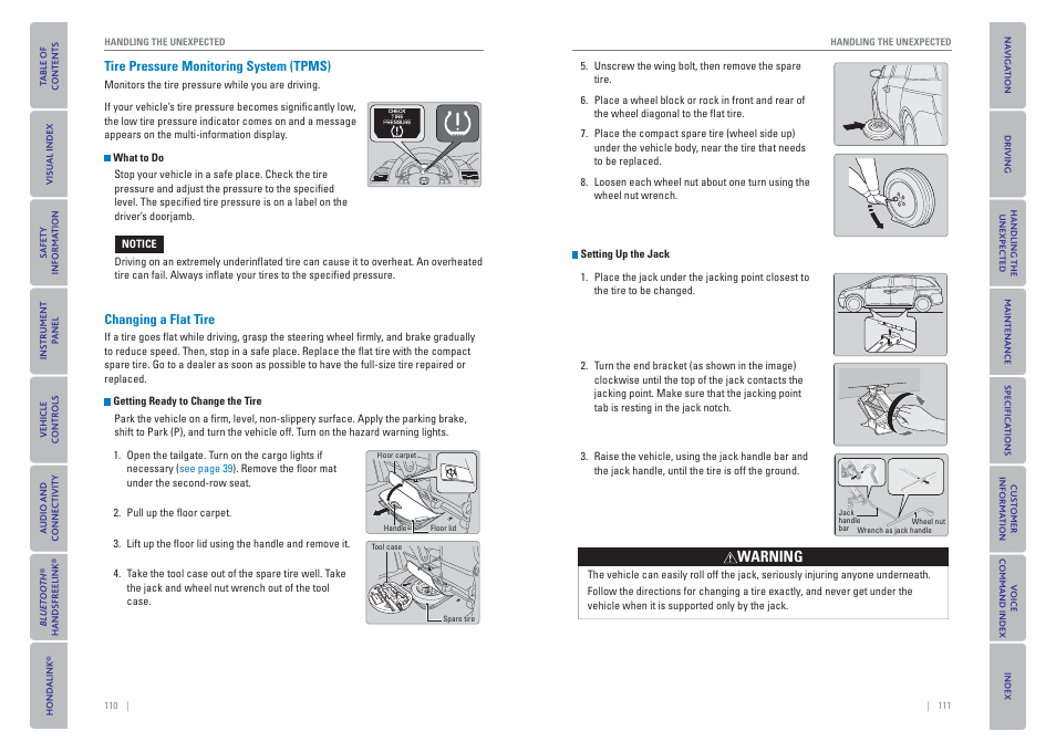 Tpms), Changing a flat tire, Warning | HONDA 2015 Odyssey - Owner's Guide (Revised 09/24/2014) User Manual | Page 59 / 80