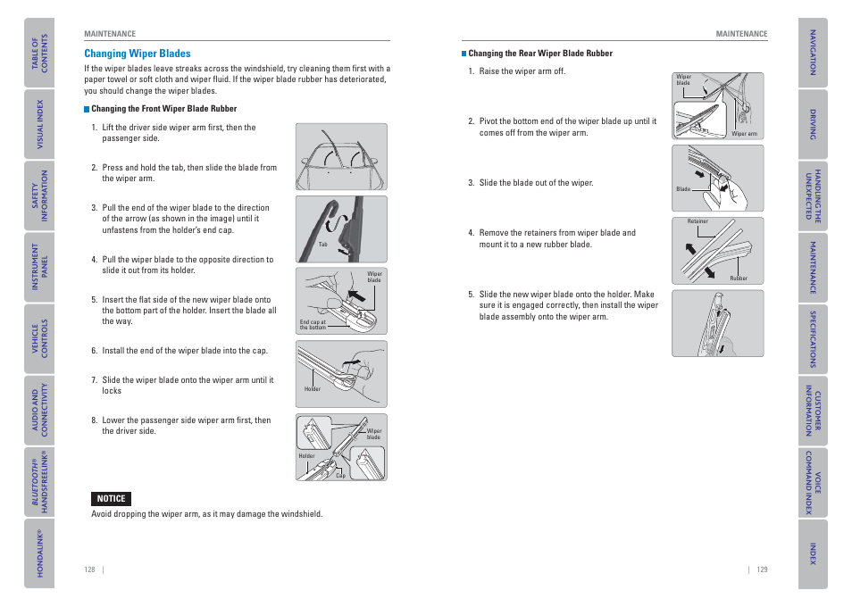 Changing wiper blades | HONDA 2015 Odyssey - Owner's Guide (Revised 09/24/2014) User Manual | Page 68 / 80