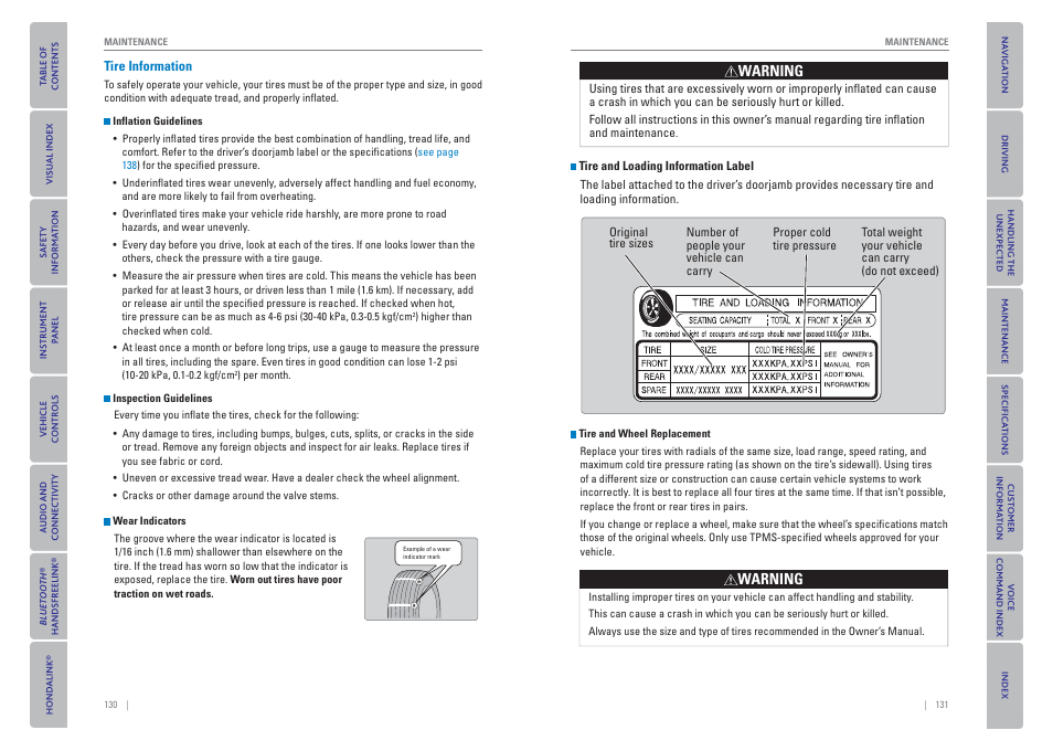 Tire information | HONDA 2015 Odyssey - Owner's Guide (Revised 09/24/2014) User Manual | Page 69 / 80