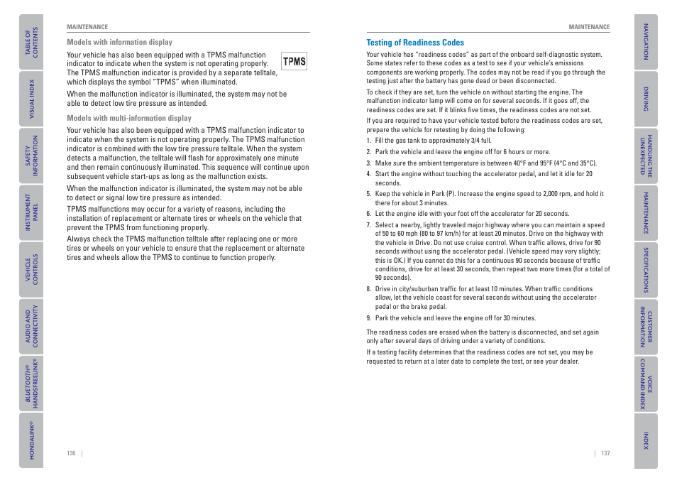 Testing of readiness codes | HONDA 2015 Odyssey - Owner's Guide (Revised 09/24/2014) User Manual | Page 72 / 80