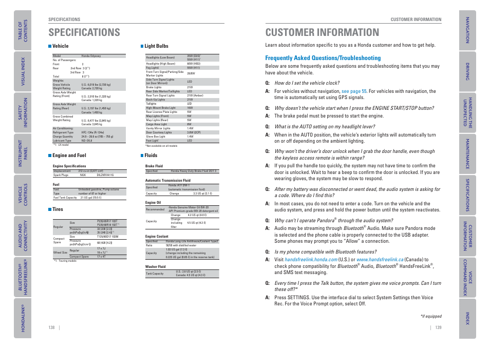 Specifications, Customer information, Troubleshooting | Cations, For the speciﬁ, Frequently asked questions/ troubleshooting, Vehicle engine and fuel tires light bulbs fluids, Audio, bluetooth, Handsfreelink | HONDA 2015 Odyssey - Owner's Guide (Revised 09/24/2014) User Manual | Page 73 / 80