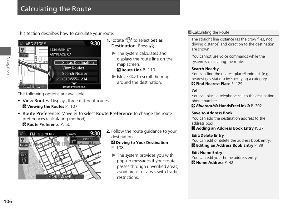 Calculating the route 106, Calculating the route, 2 calculating the route | P. 106 | HONDA 2015 Odyssey - Navigation Manual User Manual | Page 107 / 325