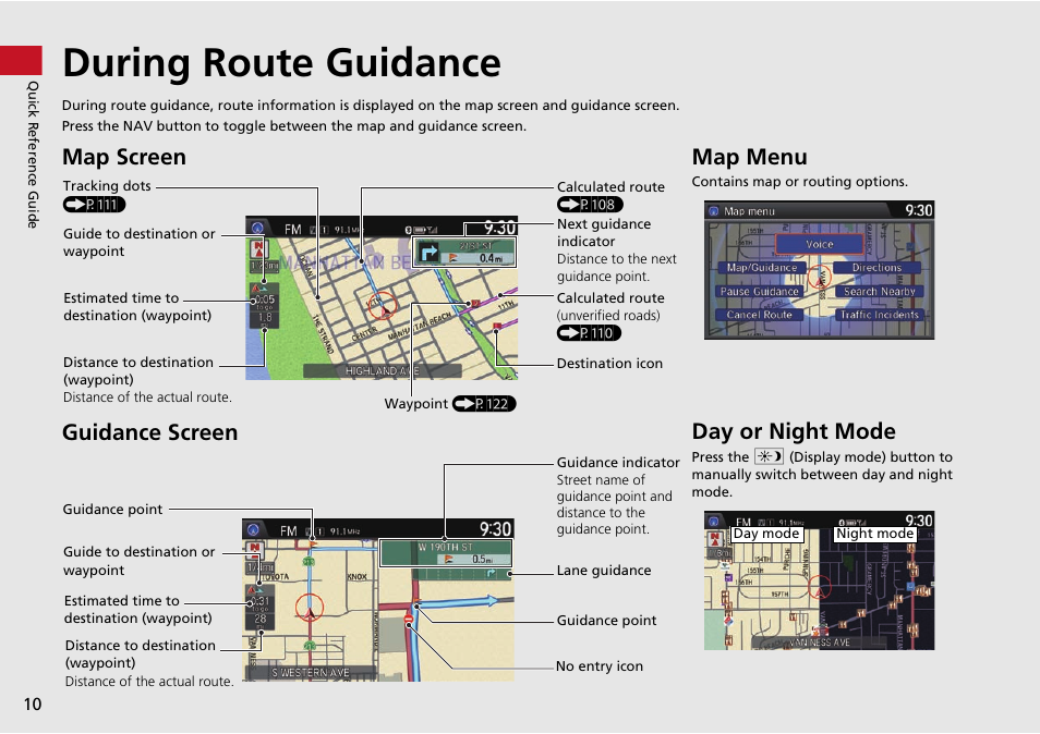 During route guidance, Map screen guidance screen, Map menu | Day or night mode | HONDA 2015 Odyssey - Navigation Manual User Manual | Page 11 / 325