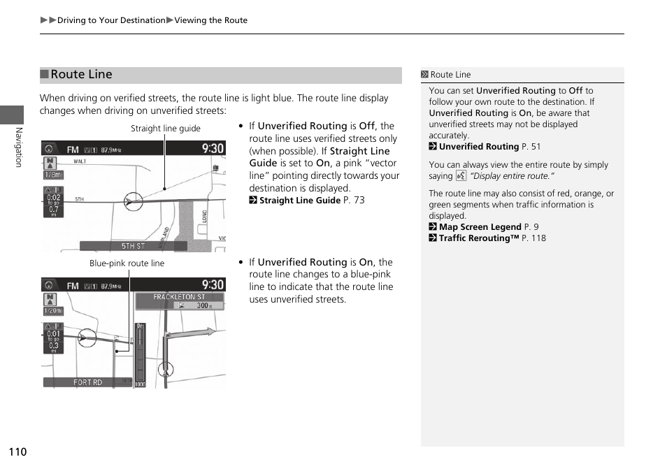 P110), 2 route line, P. 110 | Route line | HONDA 2015 Odyssey - Navigation Manual User Manual | Page 111 / 325
