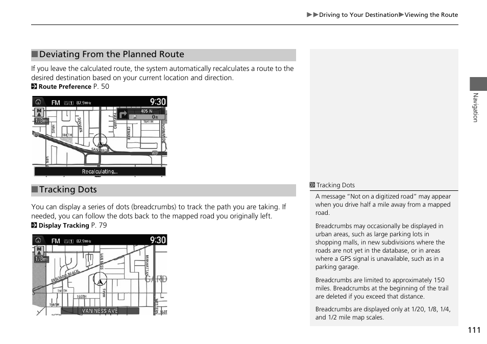 P111), Deviating from the planned route ■ tracking dots | HONDA 2015 Odyssey - Navigation Manual User Manual | Page 112 / 325
