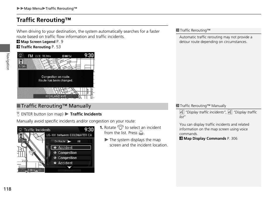 Indicator, P118), Cator | Traffic rerouting, 2 traffic rerouting™ p. 118, 2 traffic rerouting, P. 118, Traffic rerouting™ manually | HONDA 2015 Odyssey - Navigation Manual User Manual | Page 119 / 325