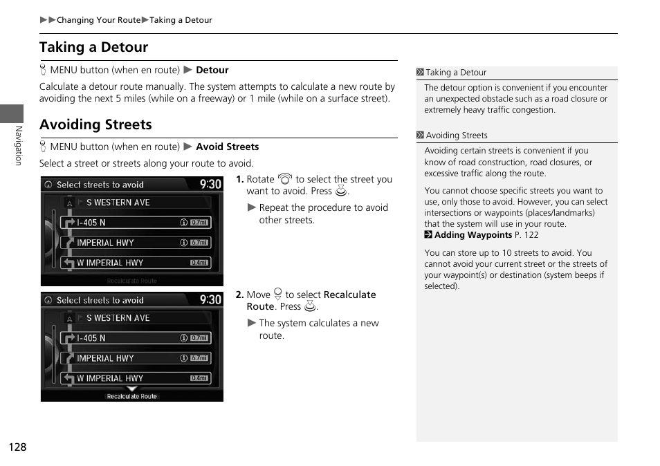 P128), Taking a detour, Avoiding streets | 2 avoiding streets p. 128, 2 taking a detour, P. 128, 2 avoiding streets | HONDA 2015 Odyssey - Navigation Manual User Manual | Page 129 / 325