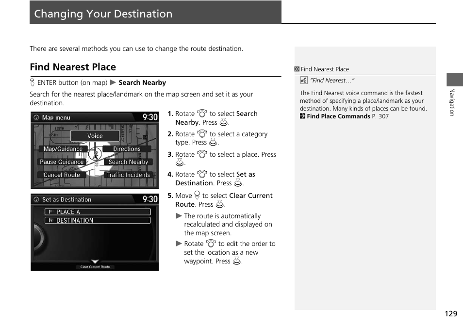 Changing your destination 129, P129), Changing your destination | Find nearest place, 2 find nearest place p. 129, 2 find nearest place, P. 129 | HONDA 2015 Odyssey - Navigation Manual User Manual | Page 130 / 325