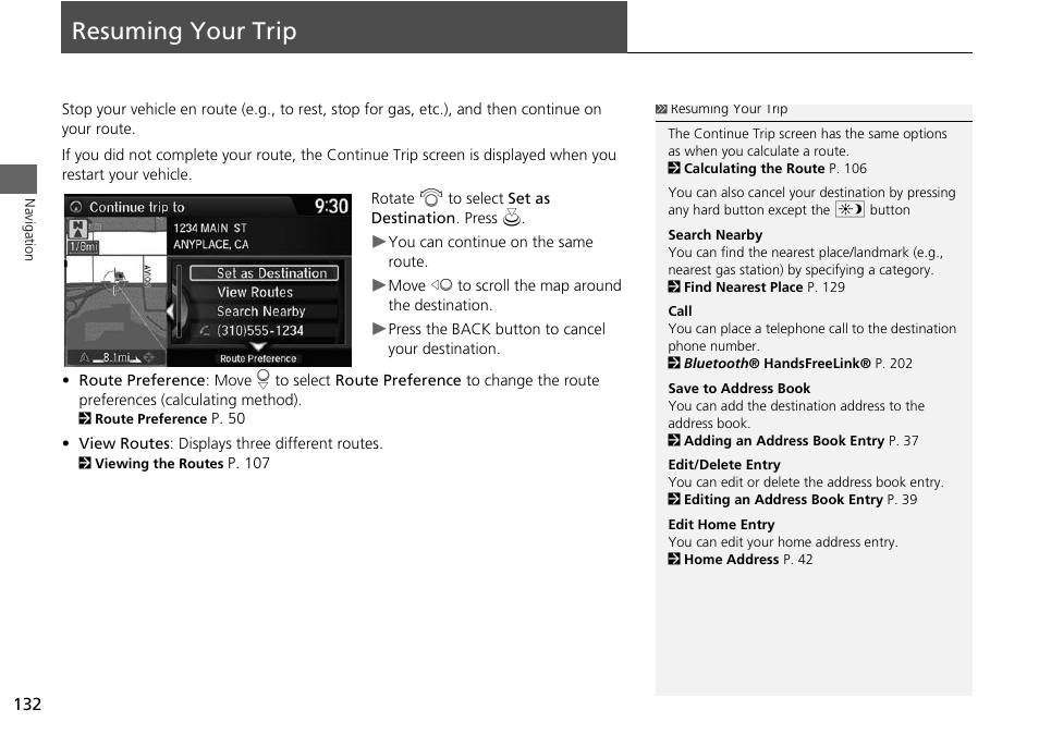 Resuming your trip 132, Resuming your trip, 2 resuming your trip | P. 132 | HONDA 2015 Odyssey - Navigation Manual User Manual | Page 133 / 325