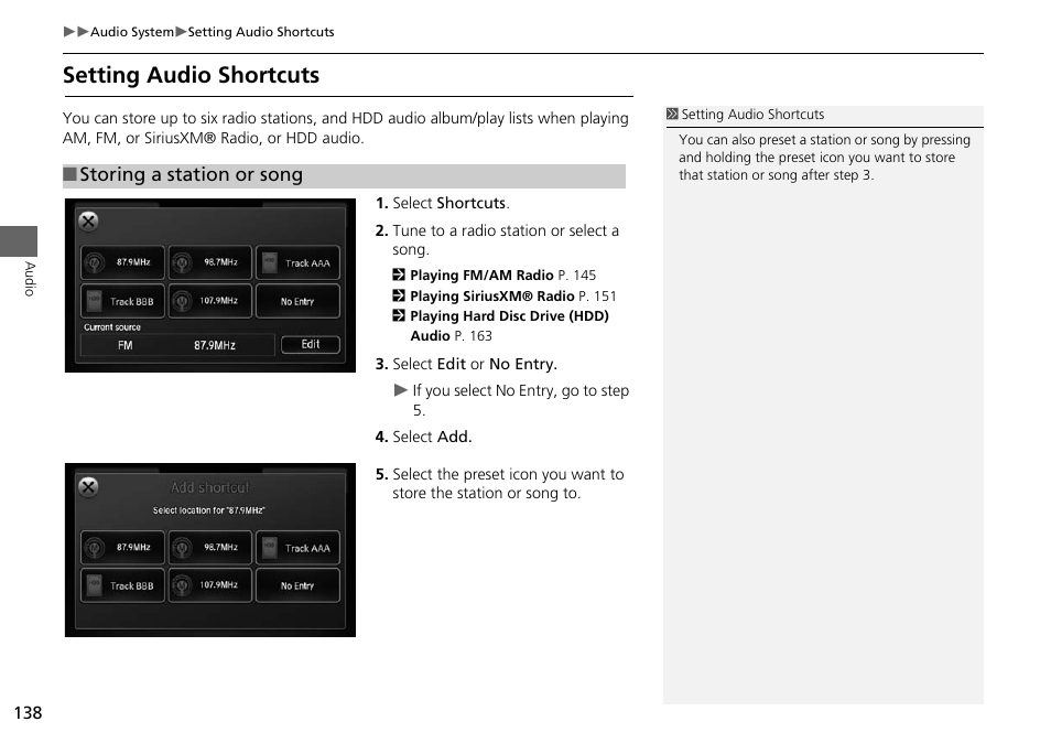 Setting audio shortcuts | HONDA 2015 Odyssey - Navigation Manual User Manual | Page 139 / 325