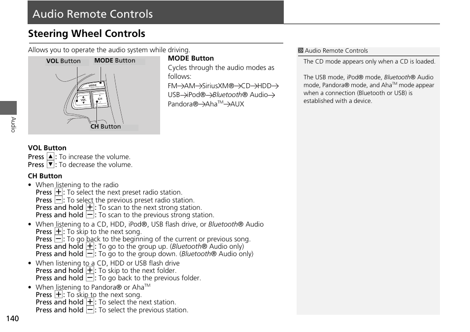 Audio remote controls 140, P140), Audio remote controls | Steering wheel controls | HONDA 2015 Odyssey - Navigation Manual User Manual | Page 141 / 325