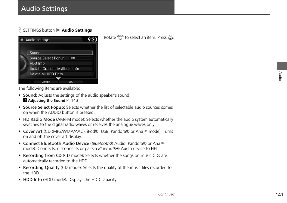 Audio settings 141, Audio settings | HONDA 2015 Odyssey - Navigation Manual User Manual | Page 142 / 325