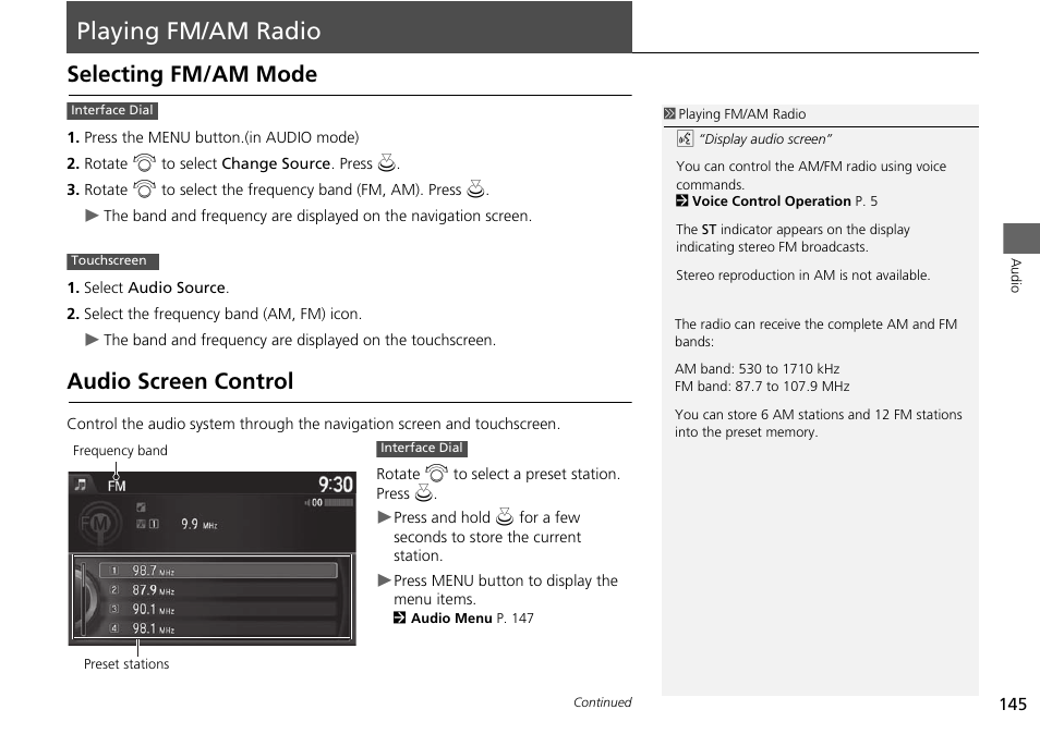 Playing fm/am radio 145, P145), Playing fm/am radio | Selecting fm/am mode audio screen control, Playing fm/am radio p. 145, Selecting fm/am mode, Audio screen control | HONDA 2015 Odyssey - Navigation Manual User Manual | Page 146 / 325