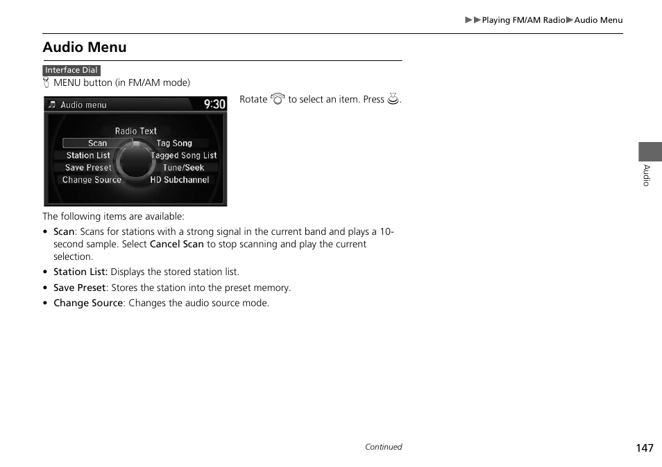 Audio menu | HONDA 2015 Odyssey - Navigation Manual User Manual | Page 148 / 325