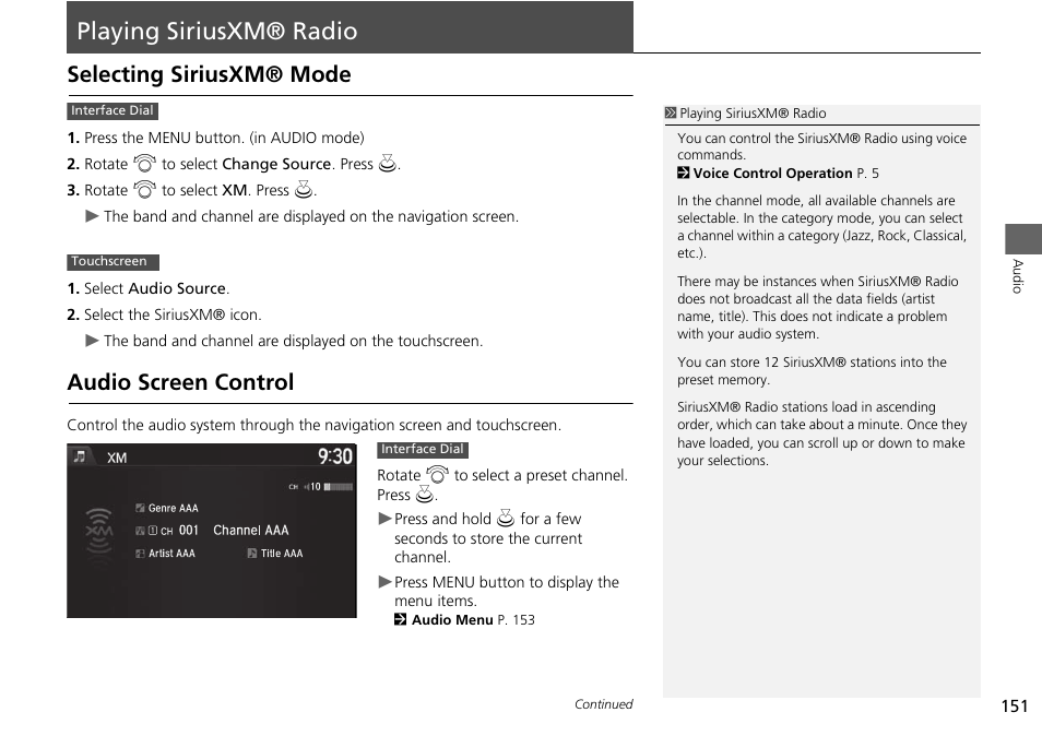 Playing siriusxm® radio 151, P151), Playing siriusxm® radio | Selecting siriusxm® mode audio screen control, Playing siriusxm® radio p. 151, Selecting siriusxm® mode, Audio screen control | HONDA 2015 Odyssey - Navigation Manual User Manual | Page 152 / 325