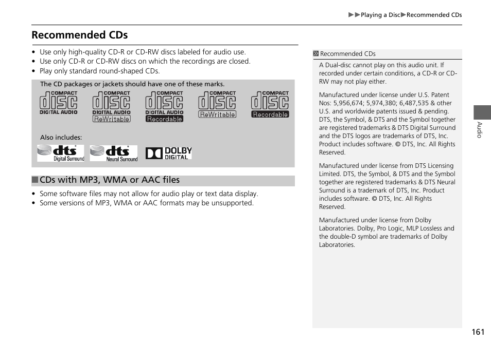 Recommended cds, Cds with mp3, wma or aac files | HONDA 2015 Odyssey - Navigation Manual User Manual | Page 162 / 325