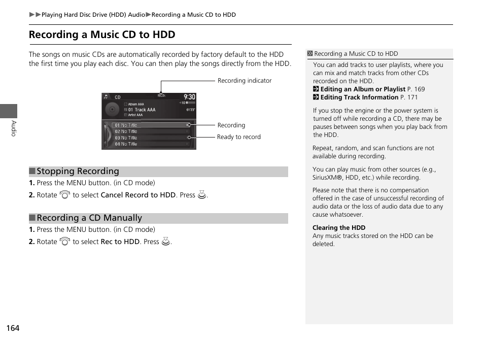 Recording a music cd to hdd, P. 164, Stopping recording ■ recording a cd manually | HONDA 2015 Odyssey - Navigation Manual User Manual | Page 165 / 325