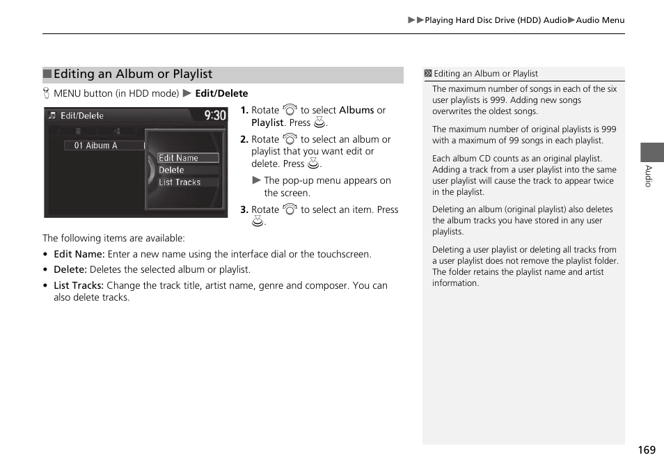 Editing an album or playlist | HONDA 2015 Odyssey - Navigation Manual User Manual | Page 170 / 325