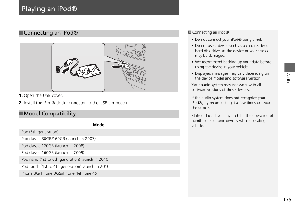 Playing an ipod® 175, P175), Playing an ipod | Connecting an ipod, Model compatibility | HONDA 2015 Odyssey - Navigation Manual User Manual | Page 176 / 325