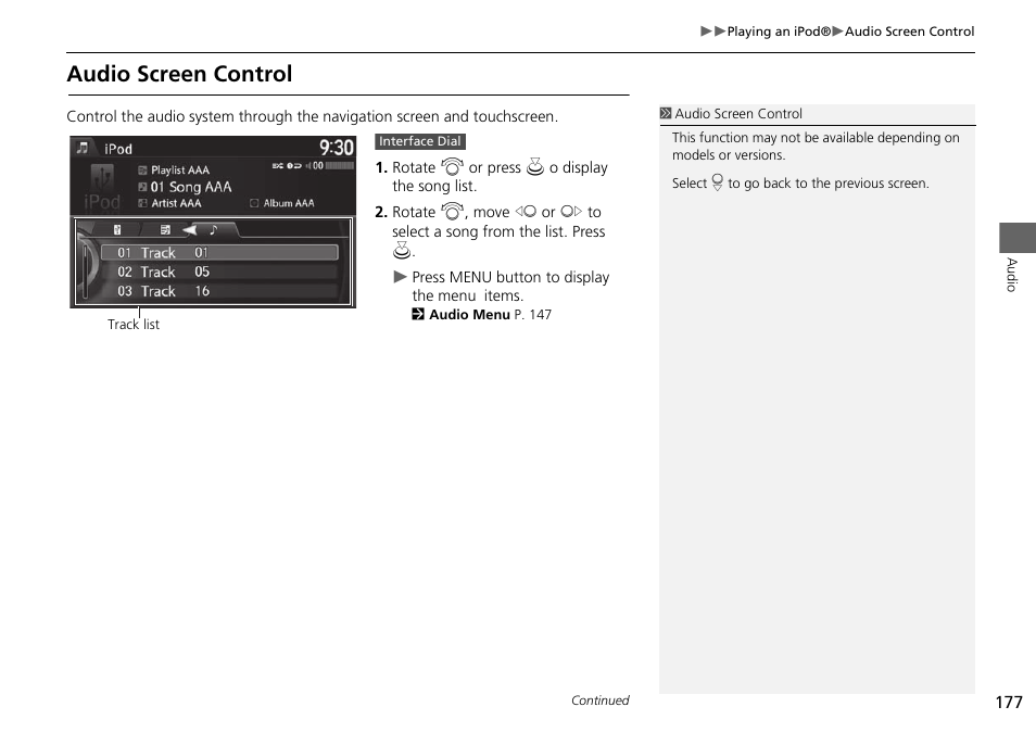 Audio screen control | HONDA 2015 Odyssey - Navigation Manual User Manual | Page 178 / 325