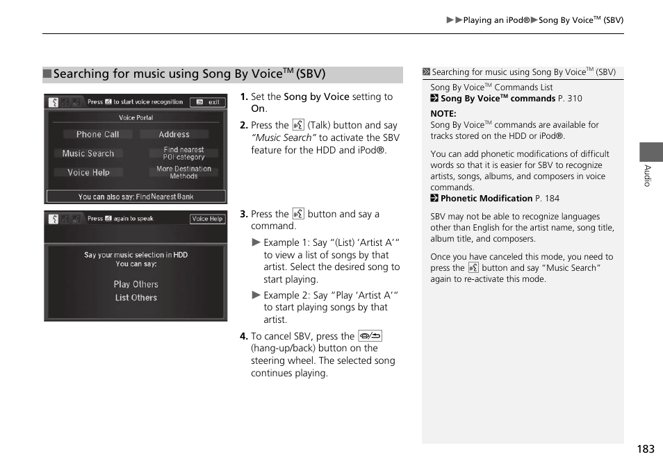 Searching for music using song by voice, Sbv) | HONDA 2015 Odyssey - Navigation Manual User Manual | Page 184 / 325