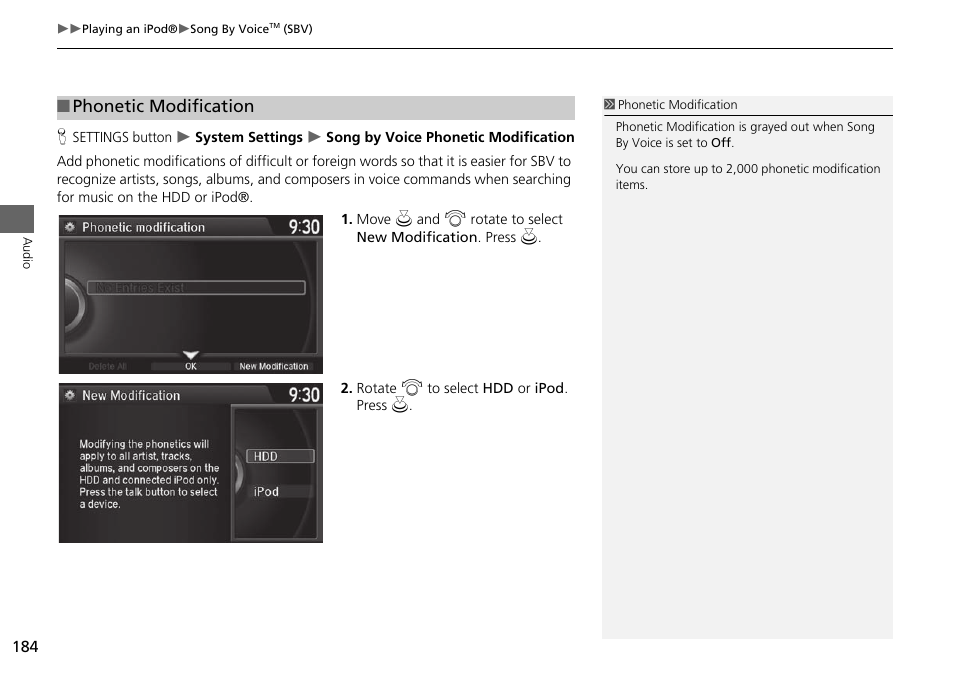 Phonetic modification, P. 184, 2 phonetic modification p. 184 | HONDA 2015 Odyssey - Navigation Manual User Manual | Page 185 / 325