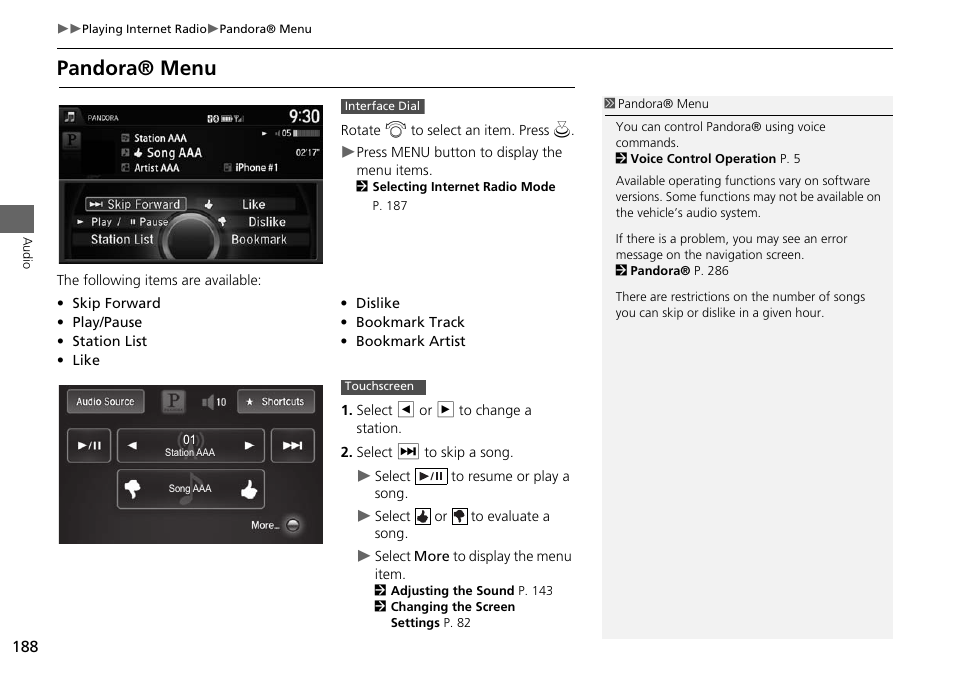 Pandora® menu | HONDA 2015 Odyssey - Navigation Manual User Manual | Page 189 / 325