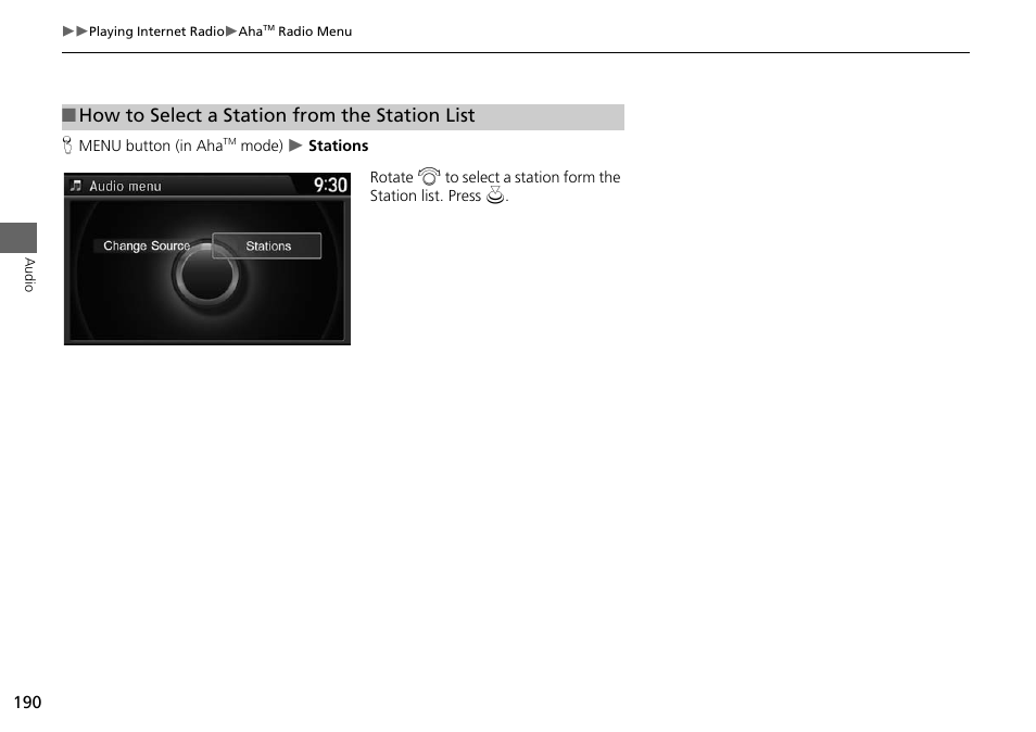 How to select a station from the station list | HONDA 2015 Odyssey - Navigation Manual User Manual | Page 191 / 325