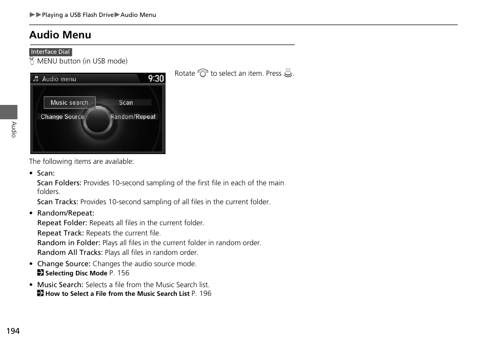 Audio menu | HONDA 2015 Odyssey - Navigation Manual User Manual | Page 195 / 325