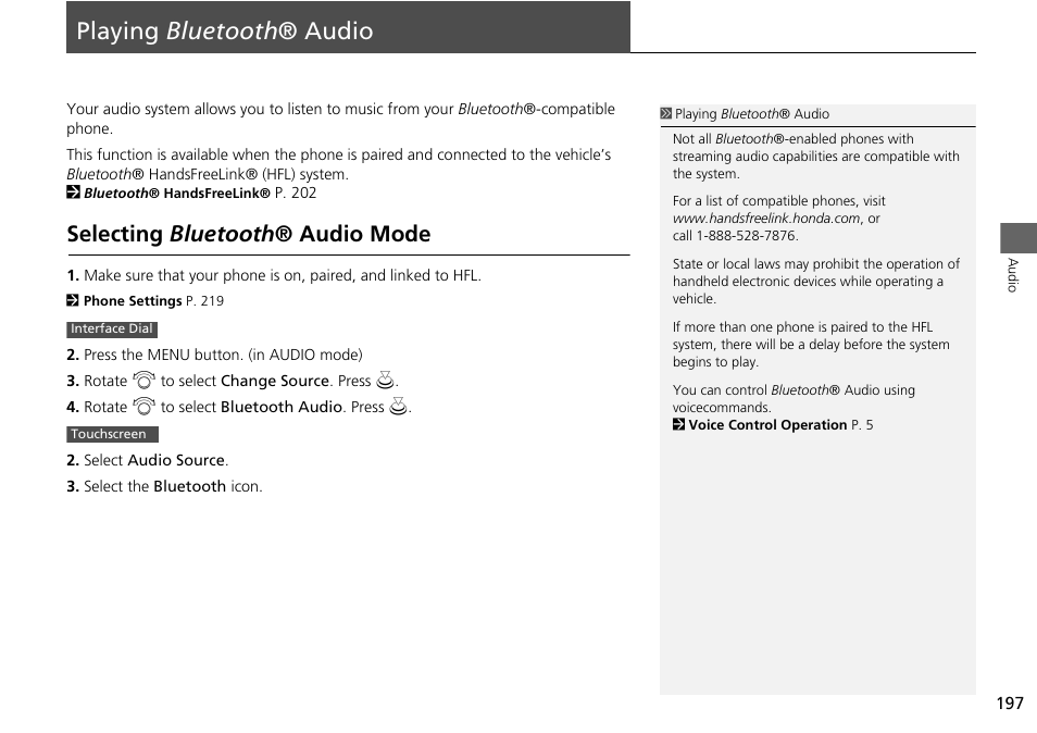 Playing bluetooth ® audio 197, P197), Playing bluetooth ® audio | Selecting bluetooth ® audio mode | HONDA 2015 Odyssey - Navigation Manual User Manual | Page 198 / 325