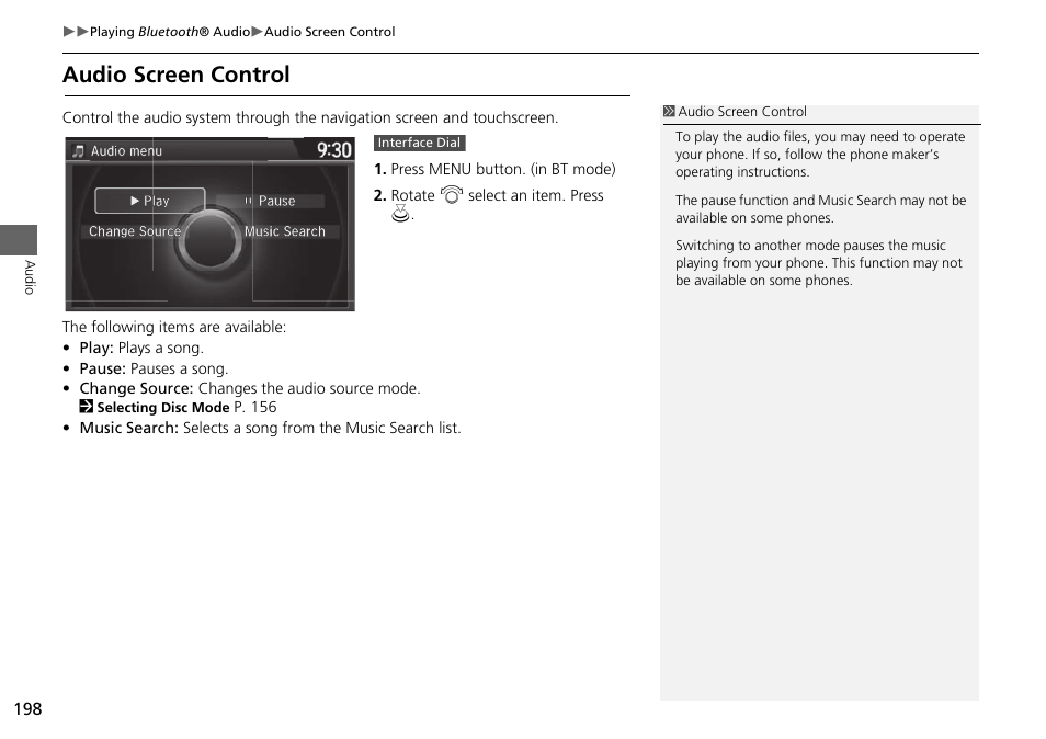 Audio screen control | HONDA 2015 Odyssey - Navigation Manual User Manual | Page 199 / 325