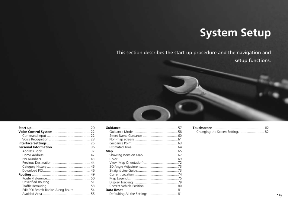System setup, 2 system setup p. 19, P.19 | HONDA 2015 Odyssey - Navigation Manual User Manual | Page 20 / 325