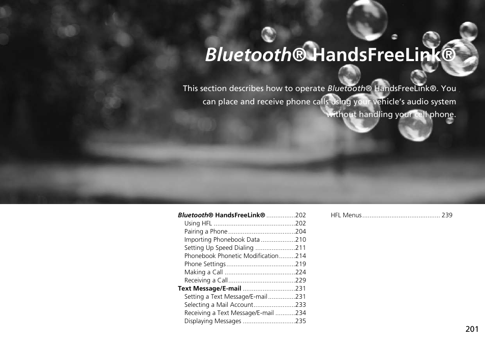 Bluetooth® handsfreelink, 2 bluetooth ® handsfreelink® p. 201, Bluetooth ® handsfreelink | P.201 | HONDA 2015 Odyssey - Navigation Manual User Manual | Page 202 / 325