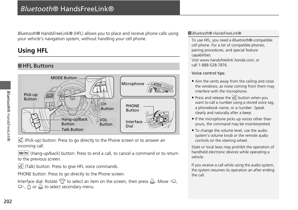 Bluetooth ® handsfreelink® 202, P202), 2 bluetooth ® handsfreelink® p. 202 | Bluetooth ® handsfreelink, P. 202, Using hfl, Hfl buttons | HONDA 2015 Odyssey - Navigation Manual User Manual | Page 203 / 325