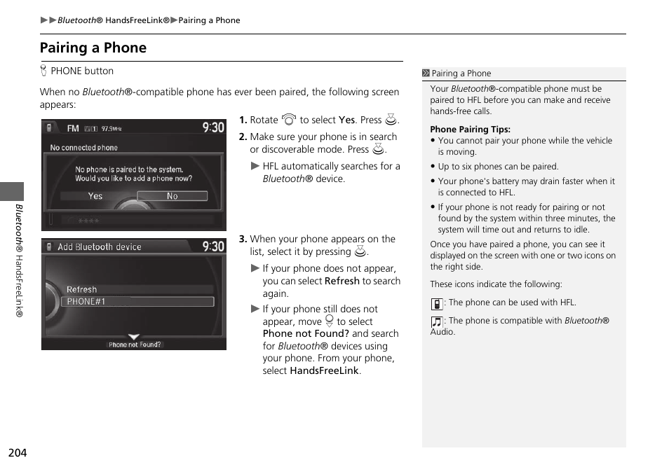 Tton, P204), Pairing a phone | HONDA 2015 Odyssey - Navigation Manual User Manual | Page 205 / 325