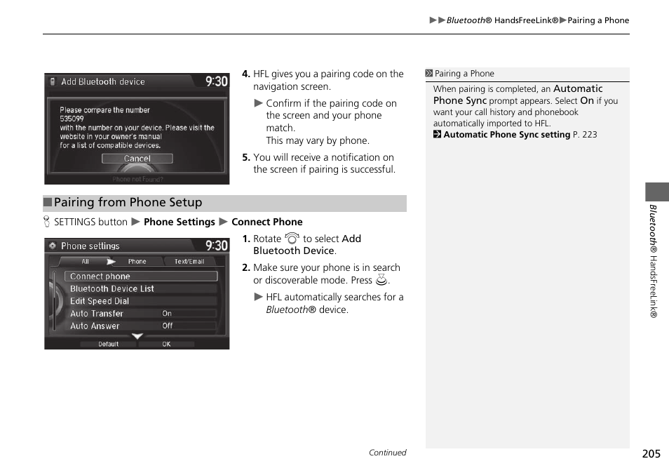 Pairing from phone setup | HONDA 2015 Odyssey - Navigation Manual User Manual | Page 206 / 325