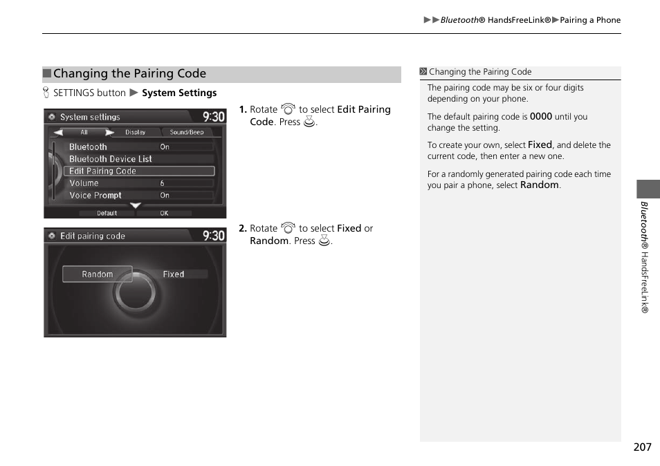 Changing the pairing code | HONDA 2015 Odyssey - Navigation Manual User Manual | Page 208 / 325