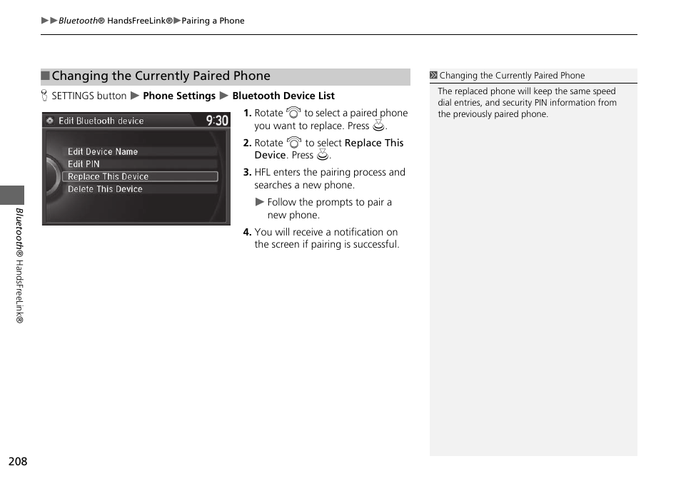 Changing the currently paired phone | HONDA 2015 Odyssey - Navigation Manual User Manual | Page 209 / 325