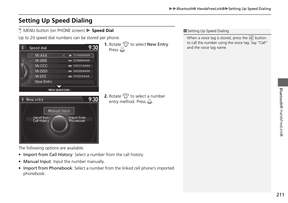 Setting up speed dialing | HONDA 2015 Odyssey - Navigation Manual User Manual | Page 212 / 325