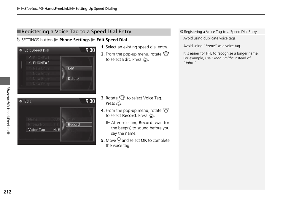 Registering a voice tag to a speed dial entry | HONDA 2015 Odyssey - Navigation Manual User Manual | Page 213 / 325