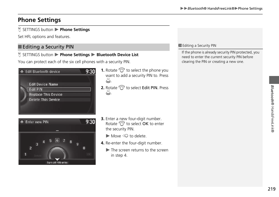 2 phone settings p. 219, Phone settings | HONDA 2015 Odyssey - Navigation Manual User Manual | Page 220 / 325