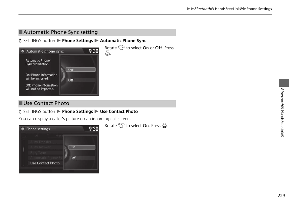 Automatic phone sync setting ■ use contact photo | HONDA 2015 Odyssey - Navigation Manual User Manual | Page 224 / 325