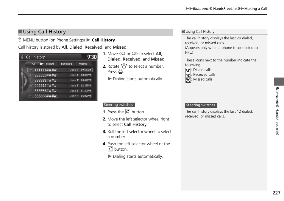 Using call history | HONDA 2015 Odyssey - Navigation Manual User Manual | Page 228 / 325
