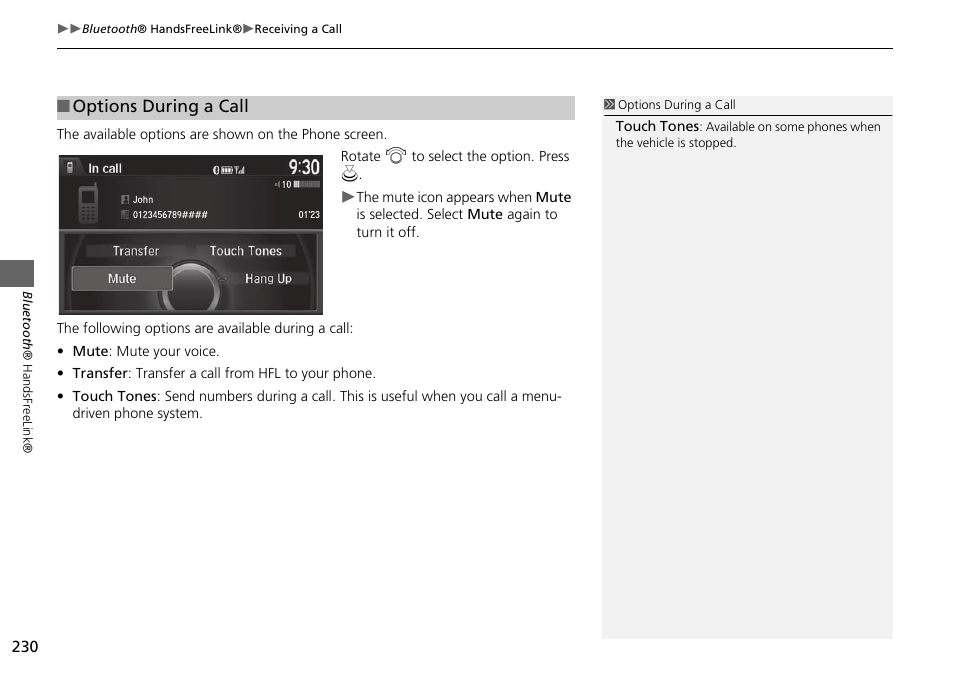 Options during a call | HONDA 2015 Odyssey - Navigation Manual User Manual | Page 231 / 325