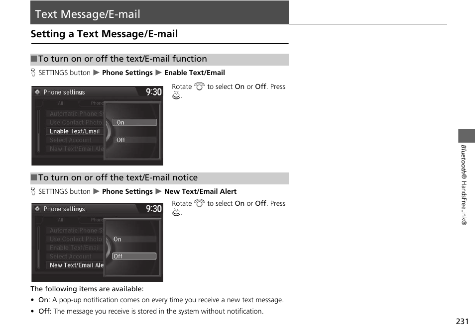 Text message/e-mail 231, Text message/e-mail, Setting a text message/e-mail | HONDA 2015 Odyssey - Navigation Manual User Manual | Page 232 / 325