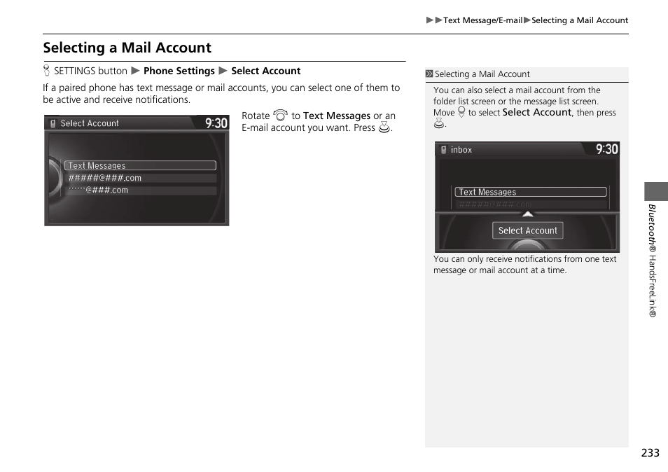 Selecting a mail account | HONDA 2015 Odyssey - Navigation Manual User Manual | Page 234 / 325