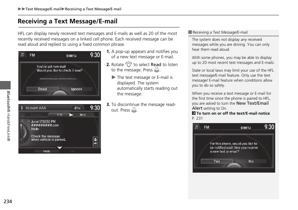 Receiving a text message/e-mail | HONDA 2015 Odyssey - Navigation Manual User Manual | Page 235 / 325